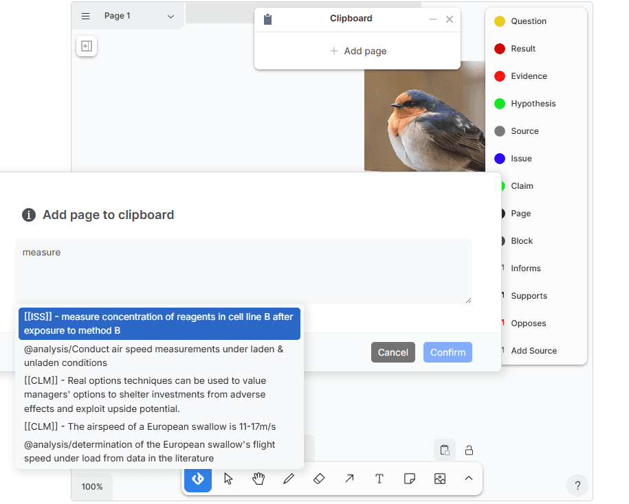 Searching for pages to add to the clipboard